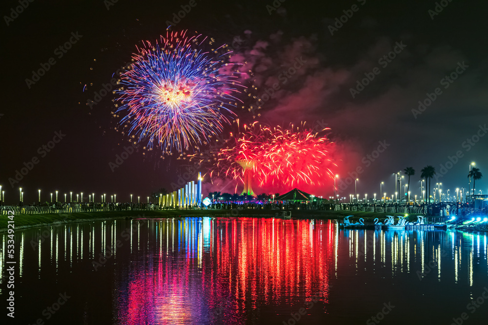 Fireworks at Al Khobar, Saudi Arabia September 23 2022 National Day Celebration of Kingdom of Saudi Arabia. Fireworks at Al Khobar, Saudi Arabia September 23 2022 National Day Celebration of Kingdom of Saudi Arabia.