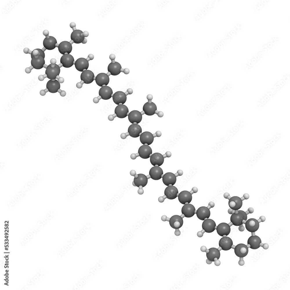 Beta-carotene carot pigment, molecular model. Beta-carotene carot pigment, molecular model.