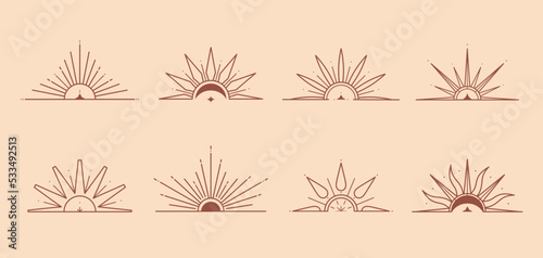 Bundle of vector bohemian logo design templates with sun,moon,star and sunburst.Boho linear icons or symbols in trendy minimalist style.Modern celestial emblems.Branding designs templates. photo