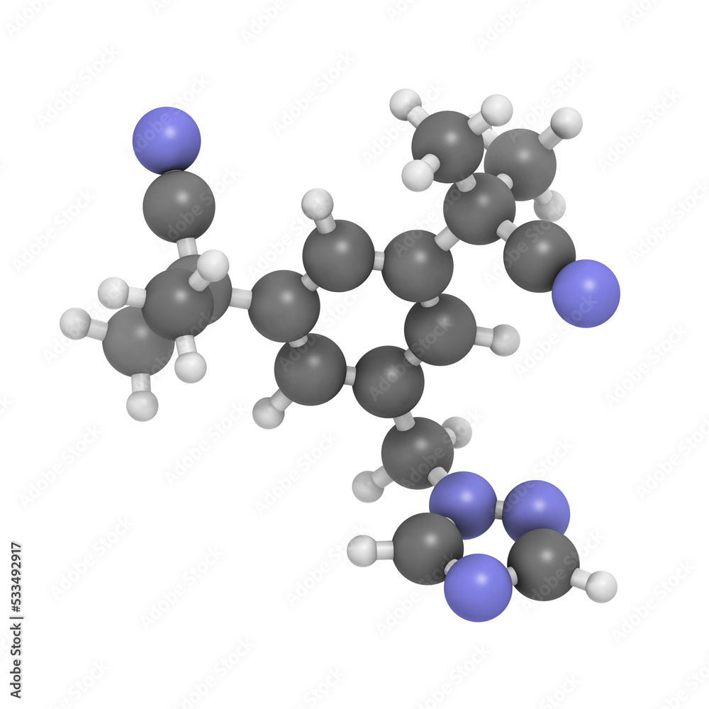 Anastrozole breast cancer drug, chemical structure. Anastrozole breast cancer drug, chemical structure.