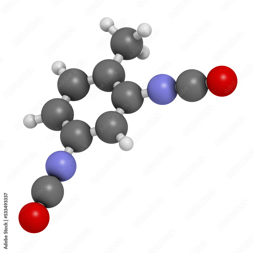 Toluene diisocyanate (TDI, 2,4-TDI) polyurethane building block molecule. May be a carcinogen. 3D rendering. Atoms are represented as spheres with conventional color coding. Toluene diisocyanate (TDI, 2,4-TDI) polyurethane building block molecule. May be a carcinogen. 3D rendering. Atoms are represented as spheres with conventional color coding.