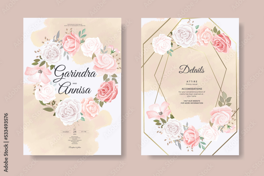 romantic wedding invitation card with beautiful floral and leaves template Premium Vector