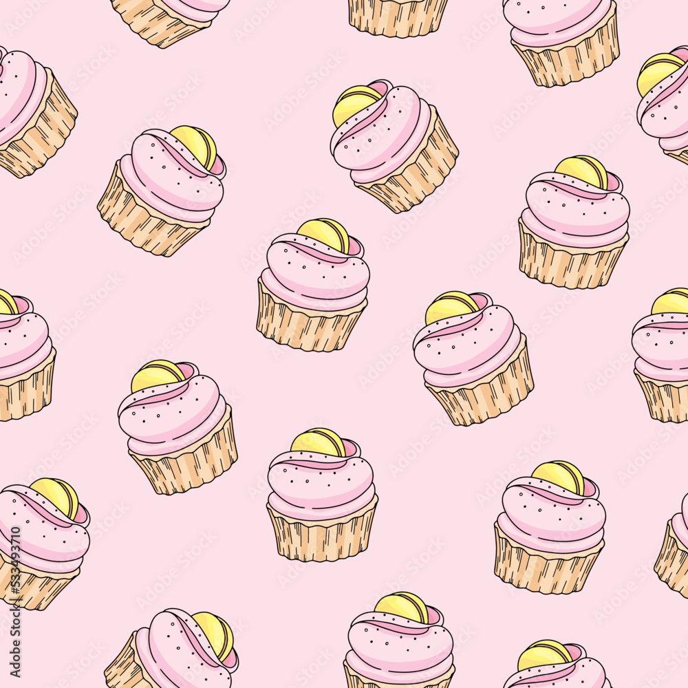 Seamless pattern with cupcake with pink cream and lemon мacaroon on gentle pink background