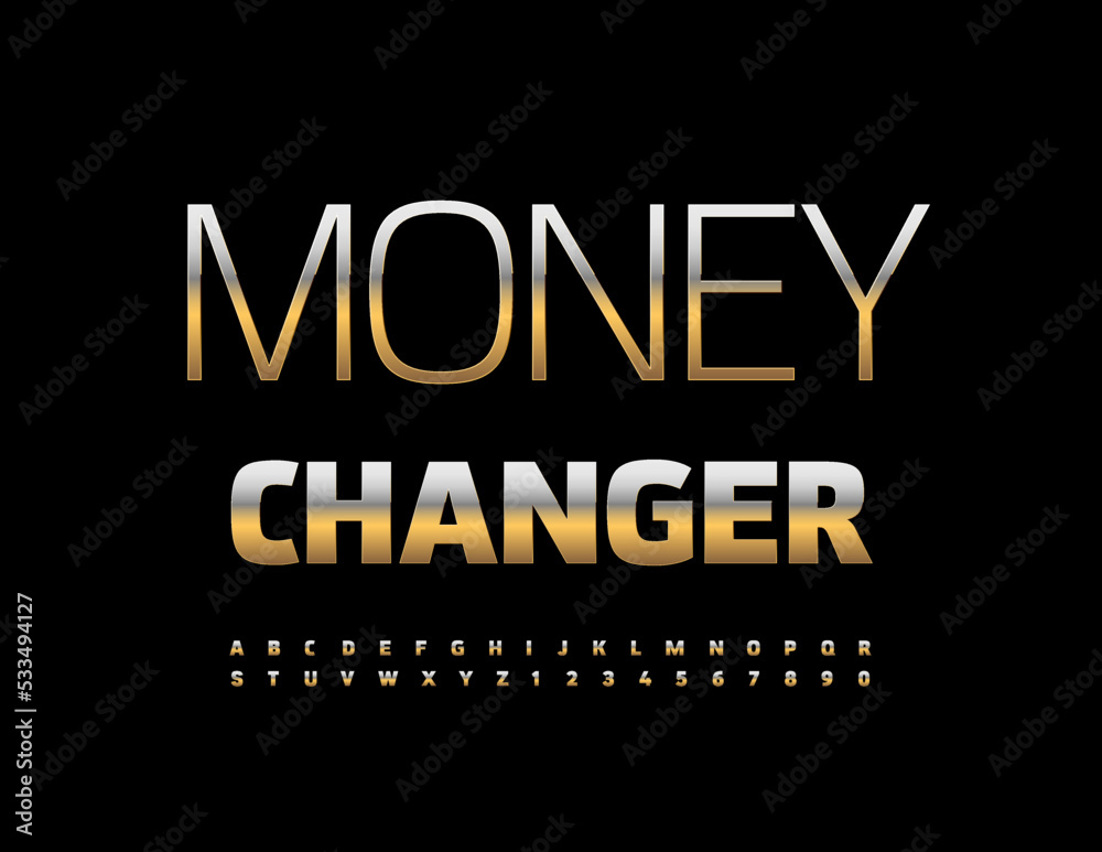 Vector finance emblem Money Changer. Premium metal Font. Gold Alphabet Letters and Numbers set