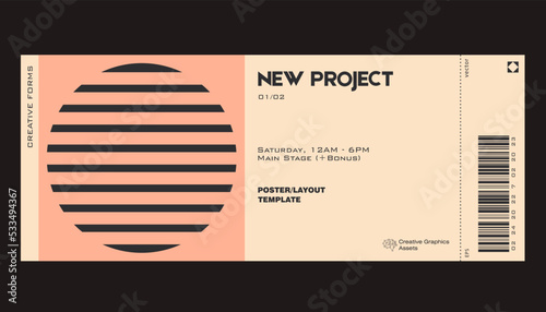 Ticket vector template layout with abstract  vector geometric shapes. Brutalism inspired graphics. Great for branding presentation, poster, cover, art, tickets, prints, etc. photo