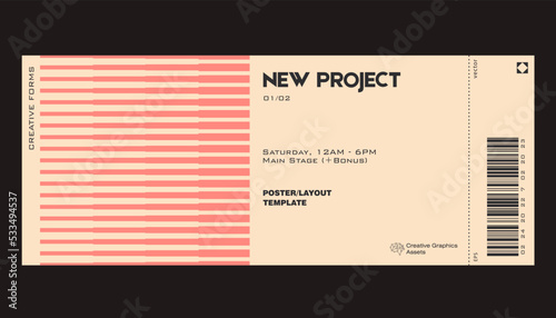 Ticket vector template layout with abstract  vector geometric shapes. Brutalism inspired graphics. Great for branding presentation, poster, cover, art, tickets, prints, etc.