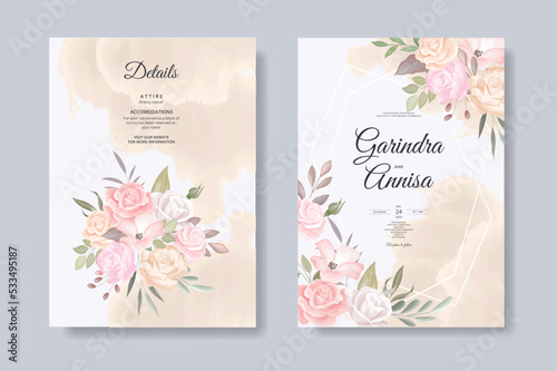 romantic wedding invitation card with beautiful floral and leaves template Premium Vector