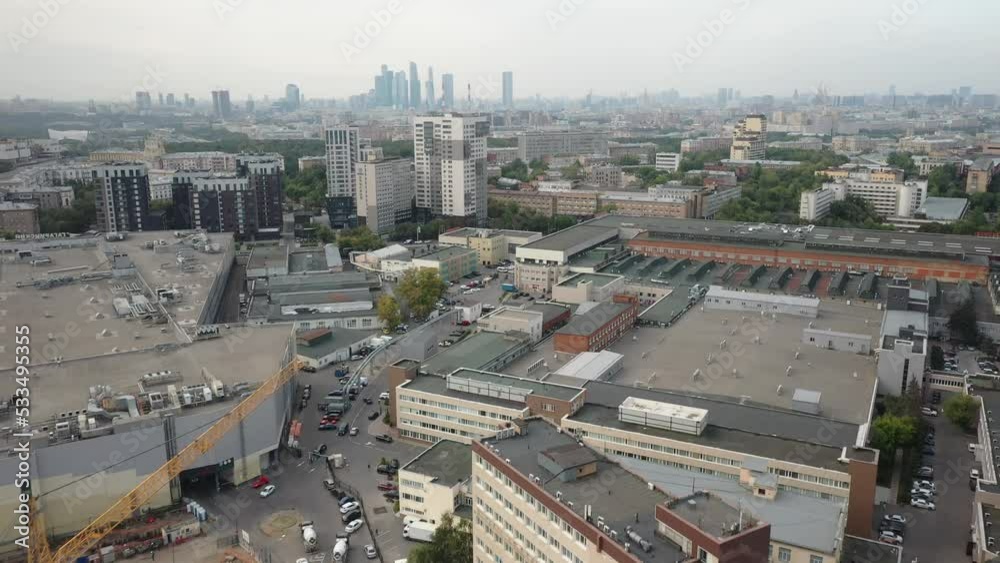 Aerial view of the developing business metropolis of Moscow. Establishing shot with a perspective on the business center of Moscow City in summer