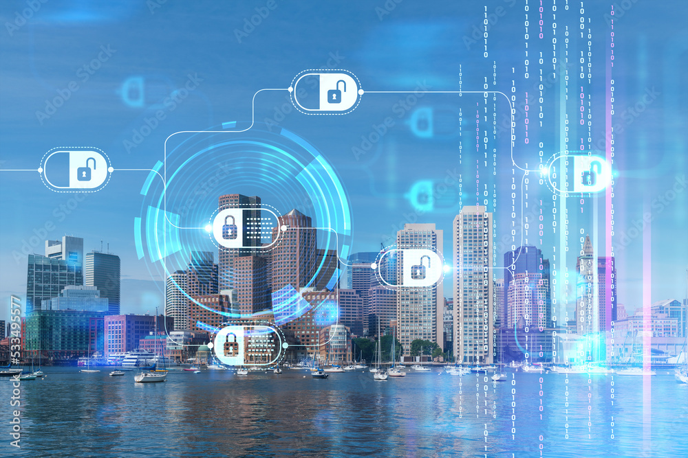 Panoramic picturesque city view of Boston Harbour at day time, Massachusetts. Building exteriors of financial downtown. Technological, educational center. Blockchain and cryptography concept, hologram