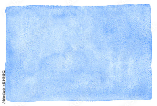 Light blue watercolor rectangle background with artistic uneven edge and rounded corners. Hand drawn aquarelle abstract water template. Painted transparent texture with watercolour stains, text frame.