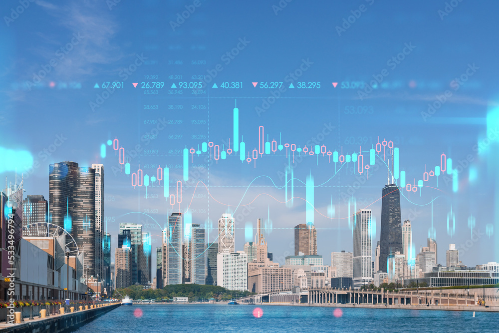 Fototapeta premium City view, downtown skyscrapers, Chicago skyline panorama, Lake Michigan, harbor area, daytime, Illinois, USA. Forex graph hologram. The concept of internet trading, brokerage and fundamental analysis