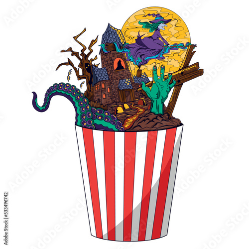 Horror popcorn. Abstract illustration for a spine-chiller movie in a popcorn cup. Thriller stories. Horror film festival. Vector illustration.