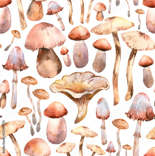 Mushrooms watercolor isolated on white background seamless pattern for all prints.