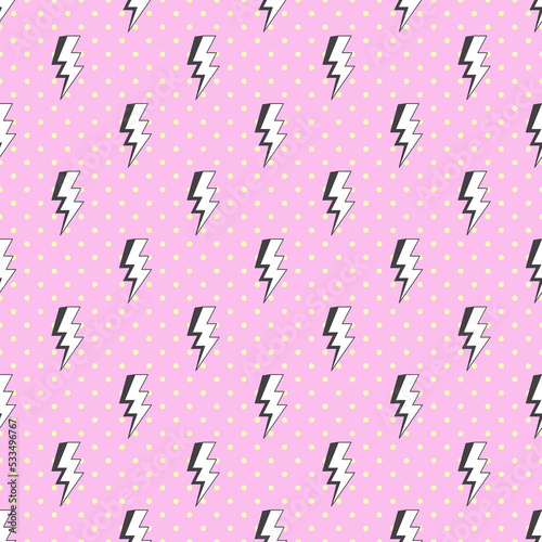 Lightning bolt strike on pink polka dot background. Pink seamless pattern vector.