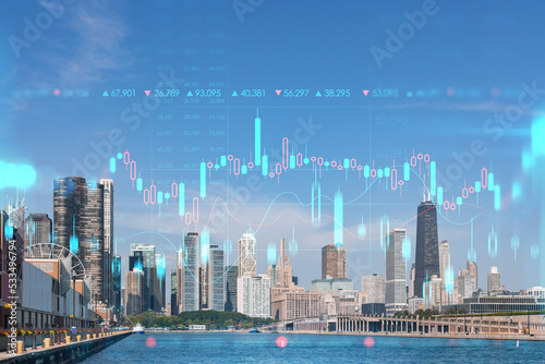 City view, downtown skyscrapers, Chicago skyline panorama, Lake Michigan, harbor area, daytime, Illinois, USA. Forex graph hologram. The concept of internet trading, brokerage and fundamental analysis