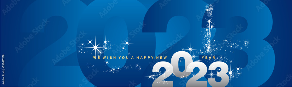 We wish you a Happy New Year 2023. Sparkle firework over 2023 numbers in background. Silver white blue greeting card - obrazy, fototapety, plakaty 