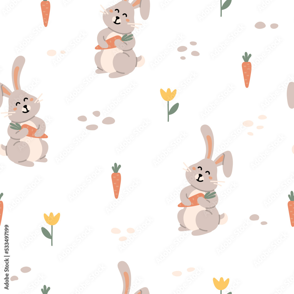 Cute cartoon rabbits with carrot, seamless pattern. Spring, easter. Creative kids scandinavian style texture with bunnies, carrot, flowers for fabric, wrapping, textile, wallpaper, apparel. Vector 
