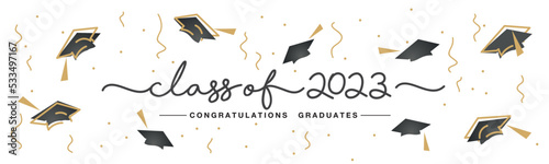 Class of 2023 handwritten typography lettering text. Hand drawn design with confetti and flying graduates caps Congratulations graduates. Golden and black line design with white background