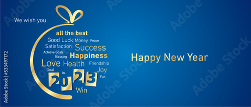 Happy New Year 2023 golden negative space numbers abstract christmas ball word cloud text white blue background vector greeting card