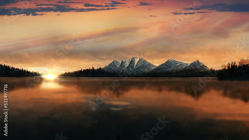 orange sunset  sun down and  night  starry sky with blue moon sky reflection on sea water wave and on horizon mountains  and forest nature landscape