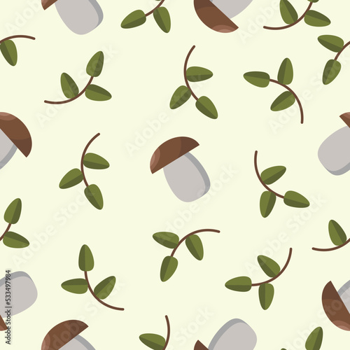 vector mushrooms with twigs seamless pattern