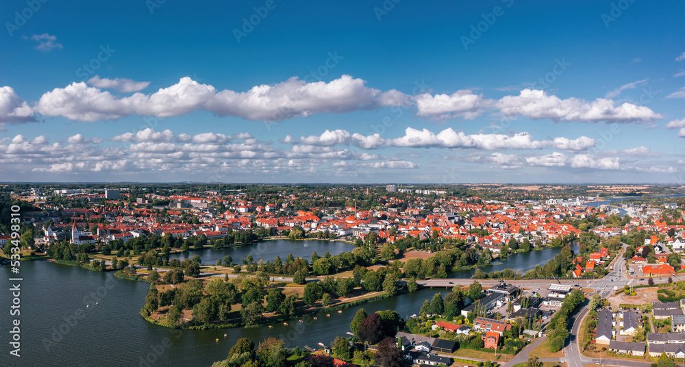 Aerial summer landscape panorama of Haderslev old town. Southern Denmark (Syddanmark)