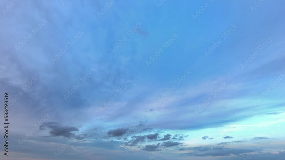 Autumn evening sky turning from near sunset to twilight. Time lapse of beautiful dusk moody sky shot at horizon line. Time-lapse of fast moving clouds. 4k timelapse of sky after the sunset.