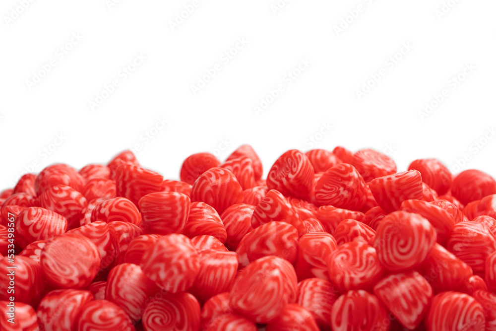 Red round tasty gummy candies islolated on a white background.
