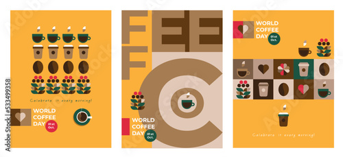 Happy World Coffee Day banner, 1st October holiday. Geometric simple minimalistic greeting posters set. Coffee cup, take away paper cup, coffee plant decorative flat bright style. Vector illustration