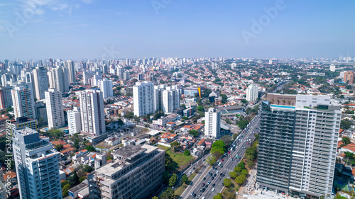 Aerial view of the city of São Paulo, Brazil. In the neighborhood of Vila Clementino, Jabaquara, south side. Aerial drone photo. Avenida 23 de Maio in the background