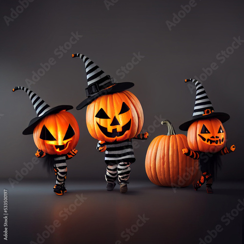 Tanzende Halloween Kürbis Monster mit schwarz weißen Hexenhüten photo