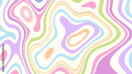 Hippie trippy retro background for psychedelic 60s 70s parties with bright rainbow colors and groovy liquid pattern in pop art style. Funky retro wallpaper.