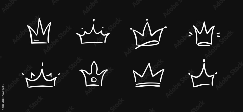 Fototapeta premium Doodle crown hand drawn set. Doodle princess crown, queen tiara. Line sketch royal element. Queen, king hand drawn simple design element. Isolated vector illustration.