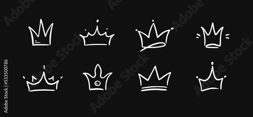 Doodle crown hand drawn set. Doodle princess crown  queen tiara. Line sketch royal element. Queen  king hand drawn simple design element. Isolated vector illustration.