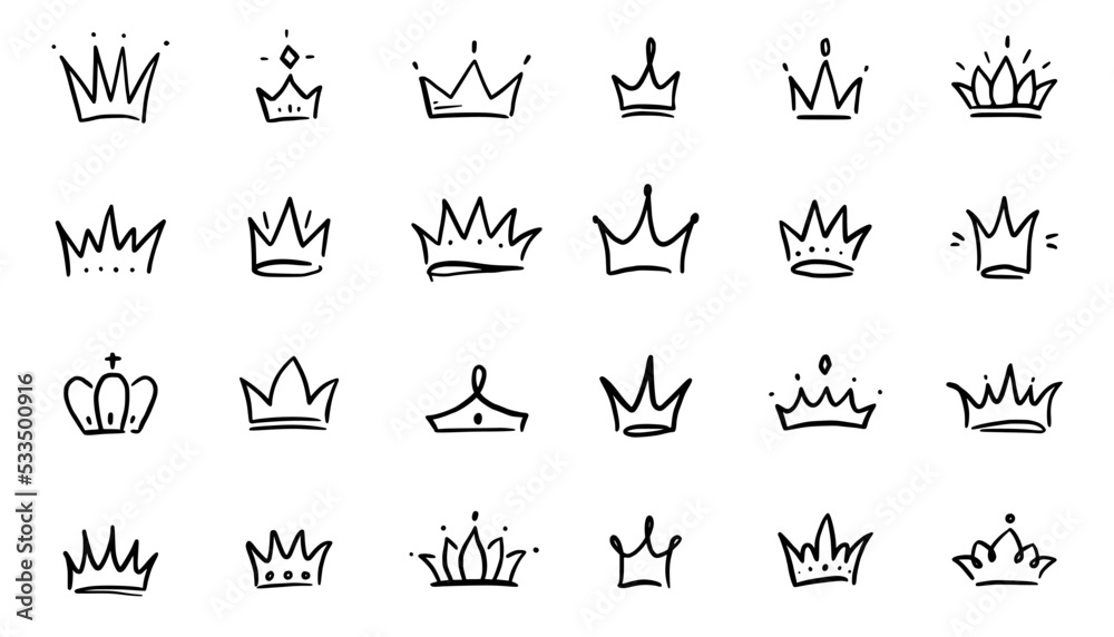 Doodle crown hand drawn set. Doodle princess crown, queen tiara. Line sketch royal element. Queen, king hand drawn simple design element. Isolated vector illustration.