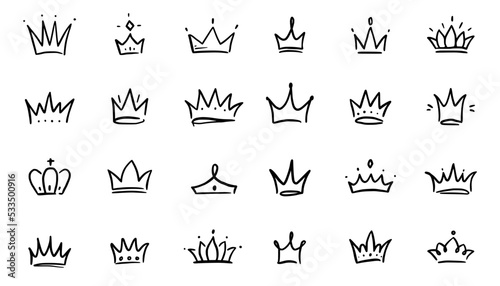 Doodle crown hand drawn set. Doodle princess crown  queen tiara. Line sketch royal element. Queen  king hand drawn simple design element. Isolated vector illustration.