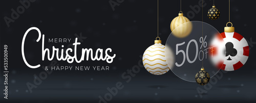 Casino poker Christmas sale banner or greeting card. happy new year and merry christmas banner with glassmorphism, glass-morphism or glass morphism blur effect. Realistic vector illustration