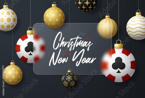 Casino poker Christmas sale banner or greeting card. happy new year and merry christmas banner with glassmorphism  glass-morphism or glass morphism blur effect. Realistic vector illustration
