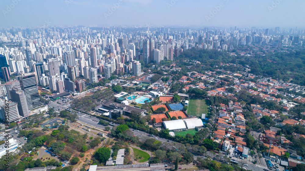 Fototapeta premium Aerial view of the city of São Paulo, Brazil. In the neighborhood of Vila Clementino, Jabaquara, south side. Aerial drone photo. Avenida 23 de Maio in the background