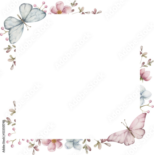 Fototapeta Naklejka Na Ścianę i Meble -  Square watercolor frame with flowers and butterflies. Hand-painted square frame for instagram, postcard, business card, invitation. Hand drawn watercolor ornament.
