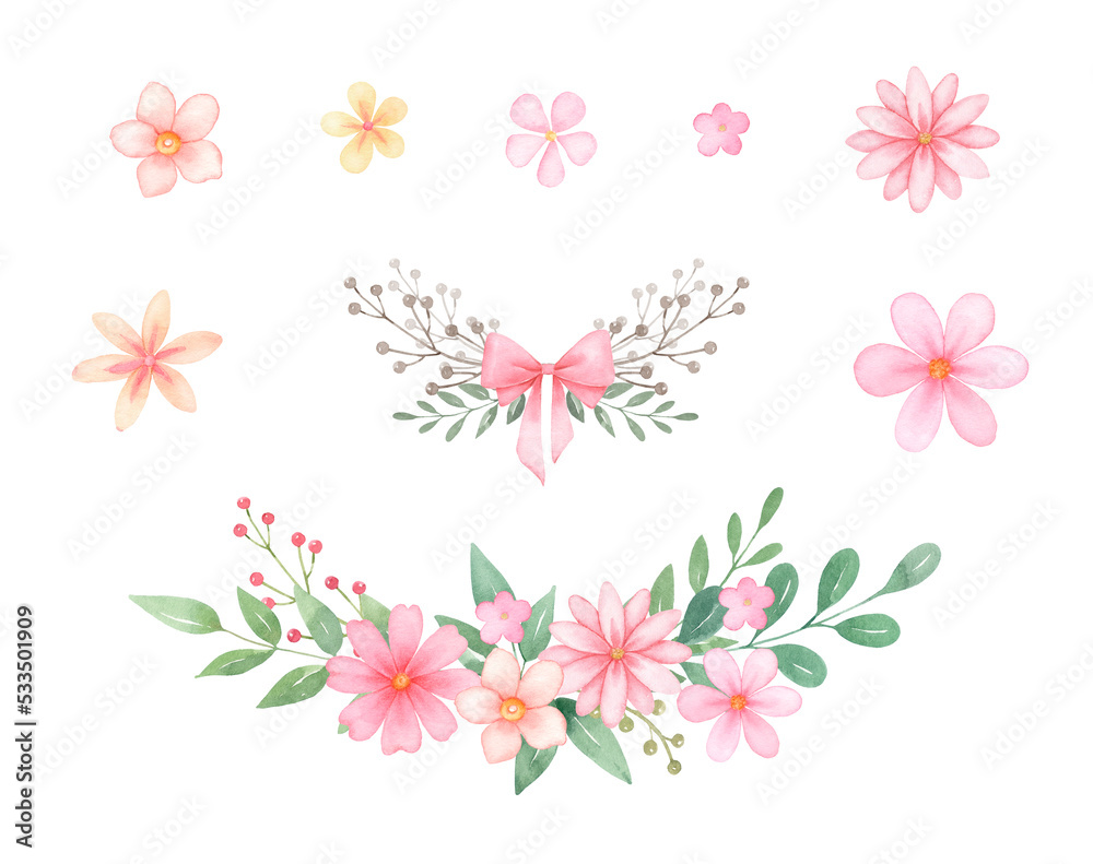 Floral arrangement with pink flowers..Watercolor hand painted illustrations isolated on white background .