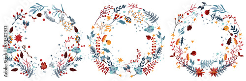 Christmas wreaths with red berries  colorful leaves  pine branches  winter flowers and other. Magical winter wreaths. Perfect for greeting cards  posters  banners.Vector.