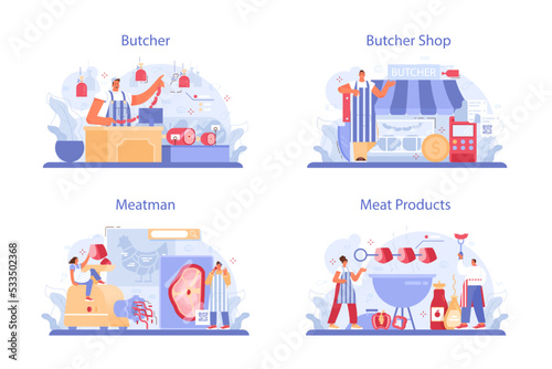 Butcher or meatman set. Fresh meat and semi-finished products