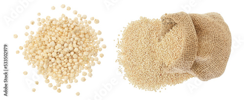 white quinoa seeds isolated on white background with full depth of field. Top view. Flat lay.