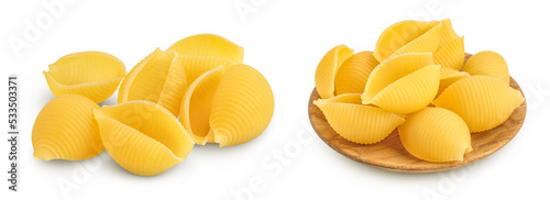 Uncooked dried conchiglie. Raw organic shell pasta isolated on white bachground with full depth of field