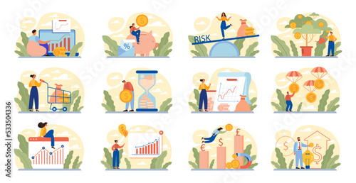 Investment concept set. Investing strategy, idea of financial support