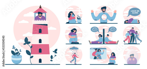 Loneliness concept set. Unhappy person left alone. Character suffering