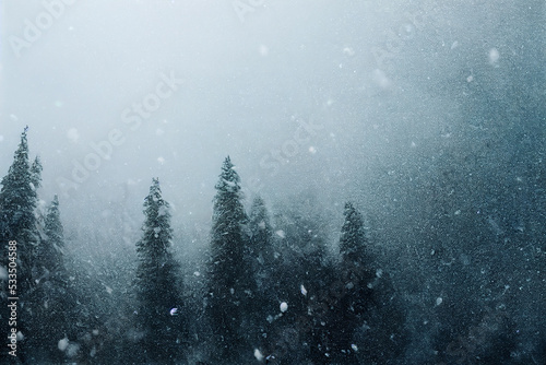Starker Schneefall im Wald mit Tannenbäumen