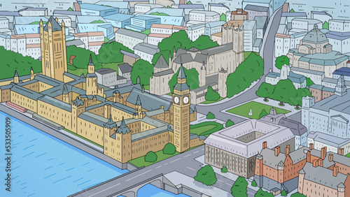 Photography London from drone view cartoon illustration