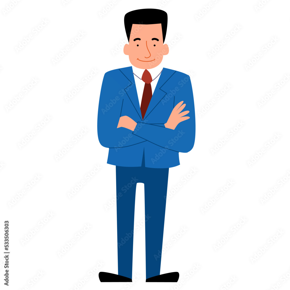A young man in a full-length business suit stands with his arms folded. Vector illustration in a flat style on an isolated white background.
